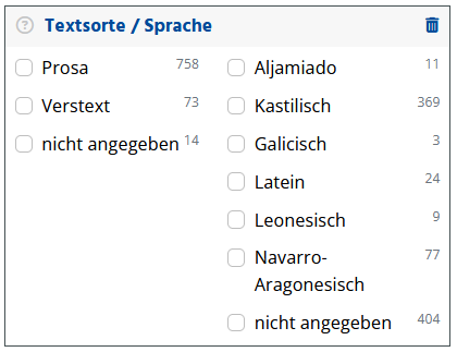 Filter Textsorte/Sprache